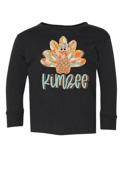 Girls Orange Watercolor Turkey Name Long Sleeve