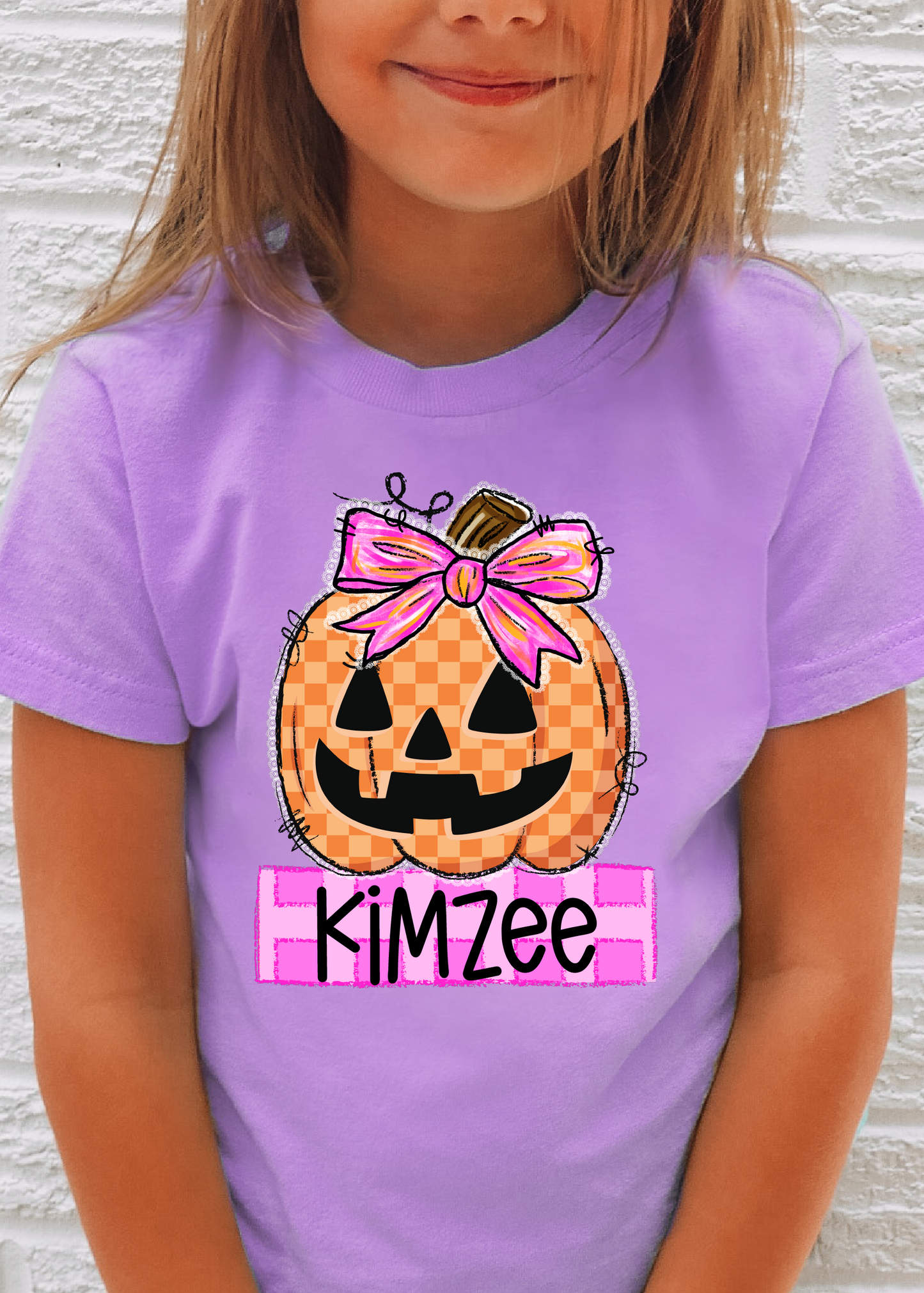 Girls Checkered Pumpkin Name Tee