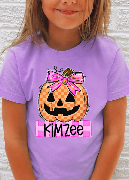 Girls Checkered Pumpkin Name Tee