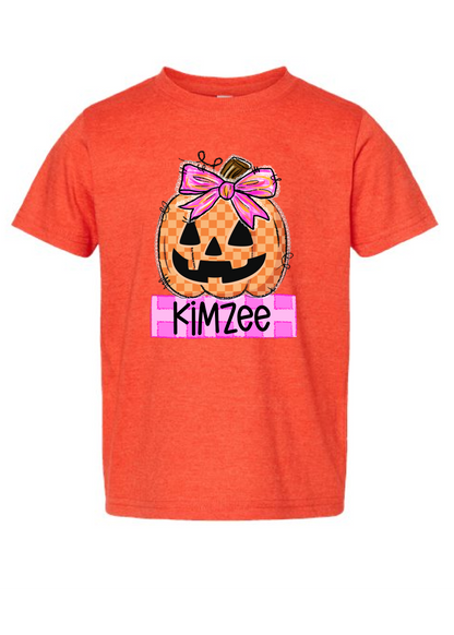 Girls Checkered Pumpkin Name Tee