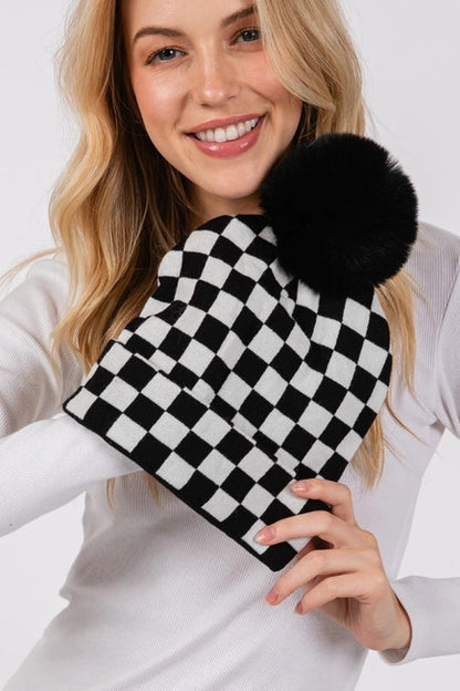 Custom Leather Patch Checkered POM Beanies