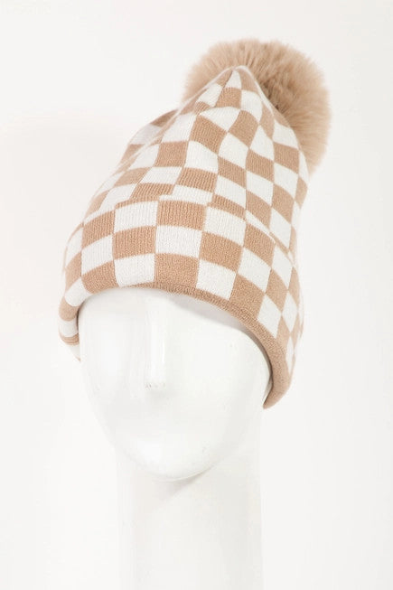 Custom Leather Patch Checkered POM Beanies