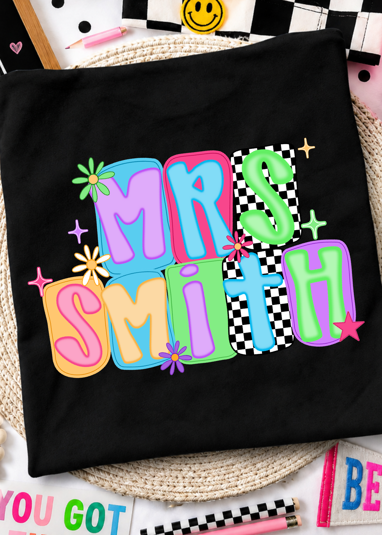Neon Checkered Back To School Tee