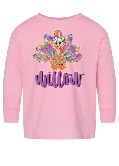 Girls Purple Watercolor Turkey Name Long Sleeve