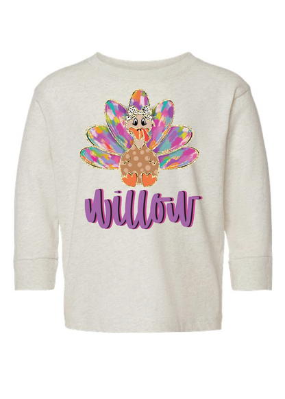 Girls Purple Watercolor Turkey Name Long Sleeve