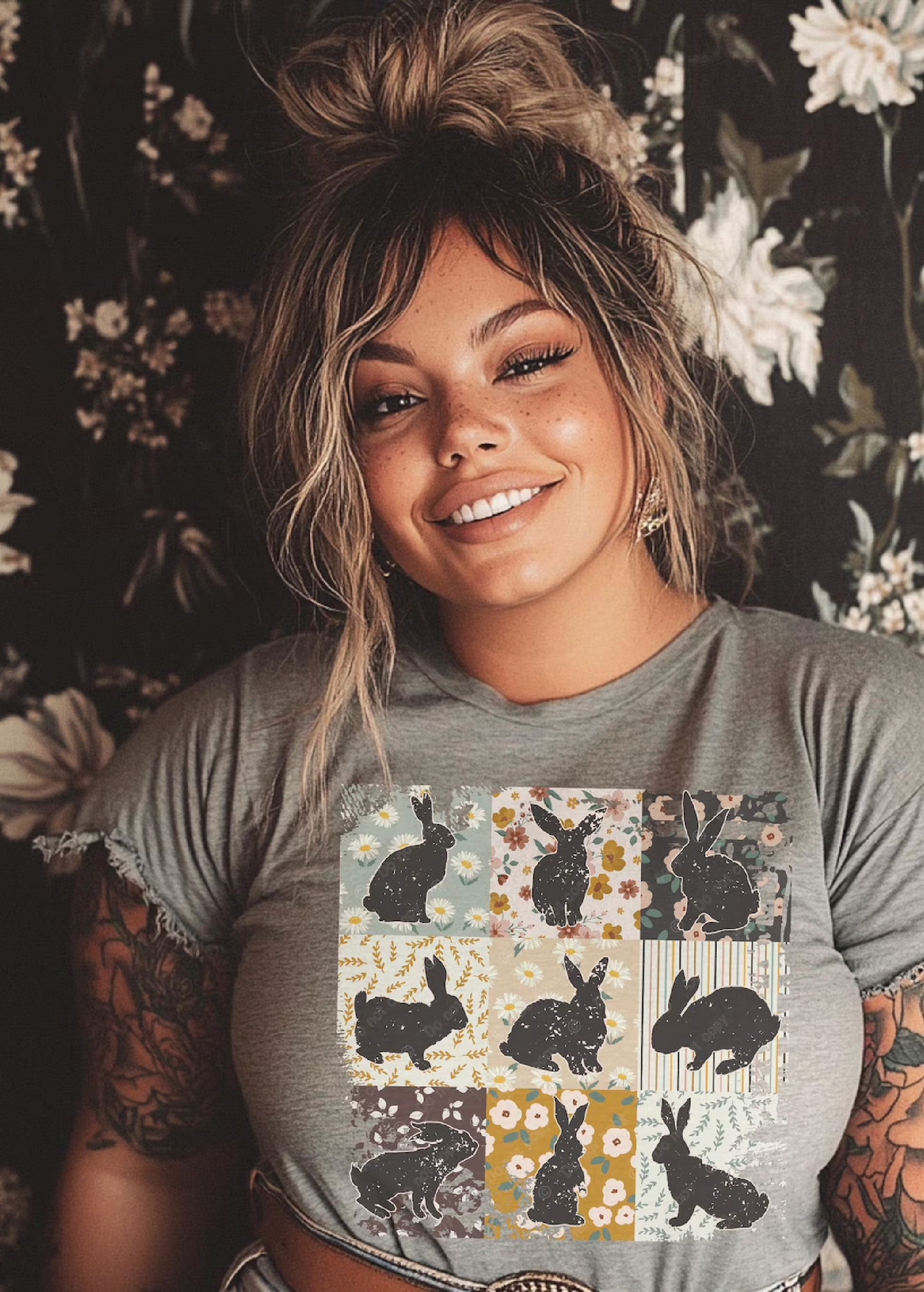 Retro Floral Bunnies Graphic Tee